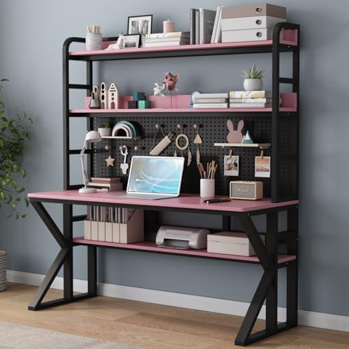 Scrivania per computer moderna per casa e ufficio, con ripiani e pannello forato, grande tavolo da lavoro in legno massello, 88,9 cm di larghezza x 175,3 cm di altezza x 60 cm di profondità, rosa e