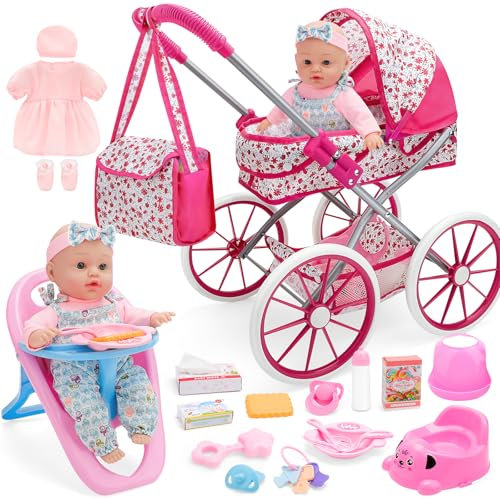 deAO Puppenwagen Set mit Babypuppe 30cm, Kinderwagen Höhe 51cm Puppen Buggy mit Hochstuhl, Tasche, Töpfchen, Spielgeschirr, Kleidung & Zubehör Rollenspiel Geschenk ab 3 Jahre für Mädchen