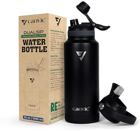 DualSip - Botella de agua de acero inoxidable reutilizable con aislamiento al vacío de 32 onzas, 2 tapas (popote y chug) a prueba de fugas, sin BPA, botella deportiva de boca ancha para viajes