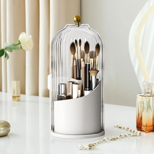 Yuhtech Support de pinceaux de maquillage, support de brosse à dents avec couvercle coulissant, organiseur rotatif à 360° avec couvercle transparent, boîte de rangement pour pinceaux de maquillage