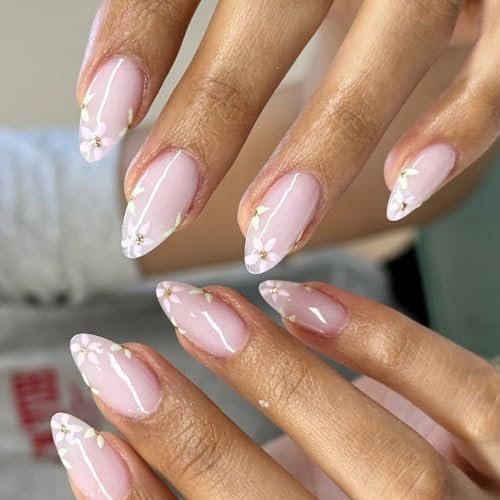Lot de 24 faux ongles à presser courts en forme d'amande - Fleurs colorées - Faux ongles à coller - Manucure - Décoration