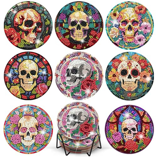 TLIOBLO 8 Pièces Crâne Diamond Painting Dessous de Verre, Halloween Peinture Diamant Dessous de Verre avec Support, Diamond Painting Bricolage pour Boissons Bar Tasses et Cuisine à la Maiso