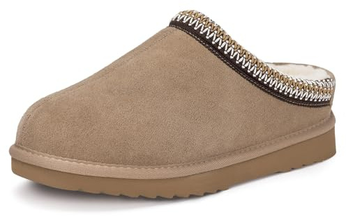 Dokela Unisex Wildleder Hausschuhe Gefüttert Pantoffeln Echtes Leder Plattform Winter Warm Filzfutter Wasserdicht rutschfeste Slippers,Khaki,40 EU