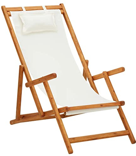 HaoChrymec Klappbarer Strandstuhl aus Eukalyptus Massivholz mit Stoff, 3-Fach verstellbar, Campingstuhl Faltbar, Gartenstuhl Klappbar, Strand Liegestuhl, Creme, 60 x 112 x 95 cm
