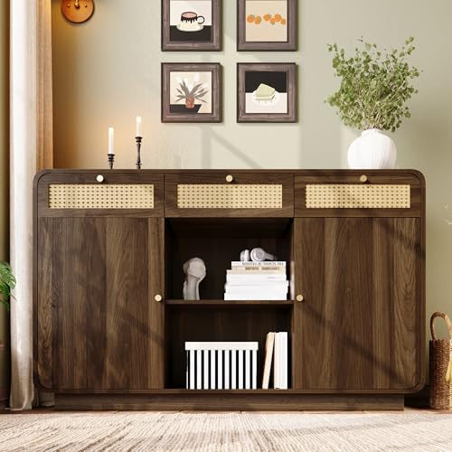MURUL Kommode Sideboard Nussbaum 120cm, Schubladenschrank mit Rattan & Goldgriffen, 3 Schubladen + 2 Schränke + offenes Regal, Höhenverstellbare Einlegeböden, H85/B120/T40 cm