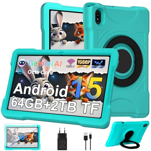 Tablette Android 15 10 Pouces avec 30Go RAM+TF 2To,Octa-Core/GMS,Gemini AI/Widevine L1,WiFi 6/Bluetooth 5.0,5MP+8MP/1280*800, Contrôle Parental Tablette Tactile avec EVA Cas+360° Rotatif Support-Vert