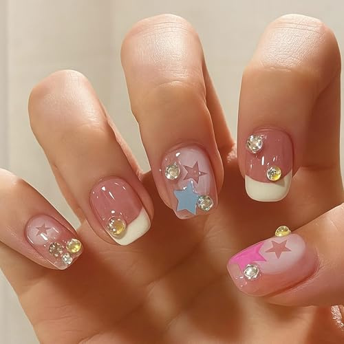 Short Stick On Nails, Square Pink French Tips With Star And Gem Details | Translucent Base, White, Pale Blue, Clear And Yellow Accents, Decorative Manicure For Everyday Wear And Social Occasions