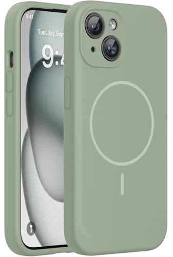 miracase Magnetic for iPhone 15 Case, Drop Protection with Lens Protection | Enhanced Each Lens Protection, Compatible with MagSafe, Scratch-resistant,Shockproof Silicone Phone Case 15, Patina Green