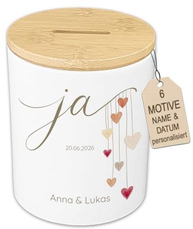 Personalisierte Spardose Hochzeit mit Namen & Datum – Geldgeschenk Brautpaar aus Keramik & Holz – Boho Erinnerungsbox Alternative zum Umschlag