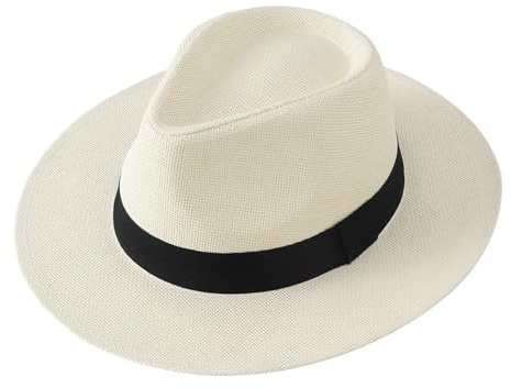 Chapeau Panama Homme Chapeau de Paille à Larges Bords Chapeaux de Soleil Cowboy Respirant Chapeaux Plage pour L'Extérieur Voyage Pêche Jardinage, Fédora Mafia Gangster Accessoires de Costume Gatsby