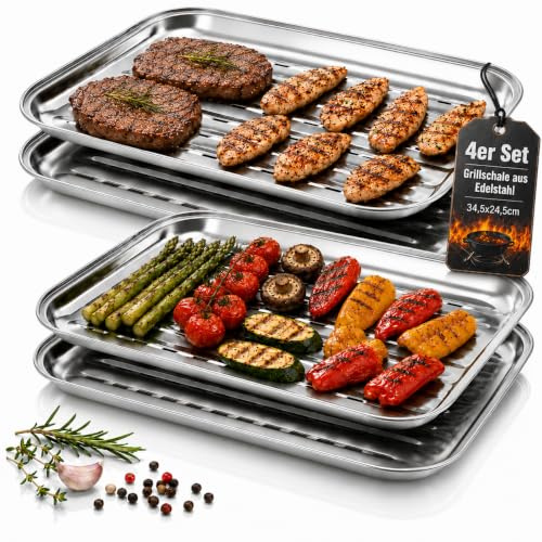 4er Set Edelstahl Grillschalen 34,5 x 24,5 cm – Grillpfannen für Gasgrill, Holzkohlegrill & BBQ – Grillkorb für Fleisch, Fisch und Gemüse – Wiederverwendbar
