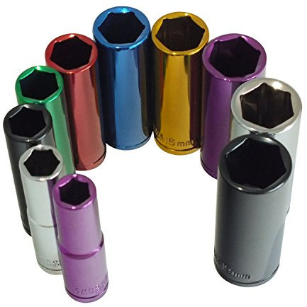 Voche® 10 Piece 3/8 Deep Long Coloured Chrome Vanadium Sockets On Storage Rail