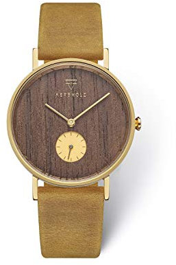Kerbholz - Holzuhr Damen - Frida - leichte analoge Quartz Damenuhr mit Ziffernblatt aus Holz - Armbanduhr mit echtem Lederarmband - kleine Uhr für Frauen aus Naturholz, Ø 35mm (Walnuss Senffarben)