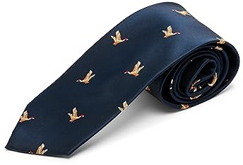 Gewebte Krawatte in Marineblau mit fliegenden Enten, die die Krawatte schmücken.