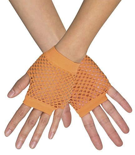 Kurze Fingerlose Netz Handschuhe New York - Neon Orange - Zubehör Party Fasching und Show Kostüme