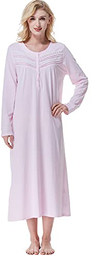 Keyocean Chemise de Nuit Femme Coton Longue Robe de Nuit à Manches Longues