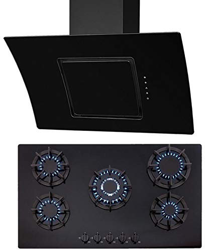 SIA 90cm Black 5 Burner Gas On Glass Hob And Curved Angled Glass Cooker Hood Fan