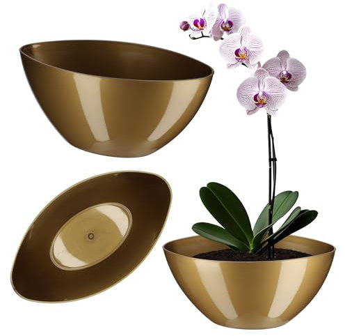 Kadax - Pot de fleurs en plastique - De forme ovale - 30 x 14 cm - Design moderne - Idéal pour la décoration d’intérieur et balcon - Doré