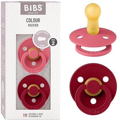 BIBS Colour Schnuller 2er-Pack, BPA-frei, Kirschform Nippel. Naturkautschuk/Latex, Hergestellt in Dänemark. Größe 2 | 6+ Monate | 2-Pack, Coral/Ruby