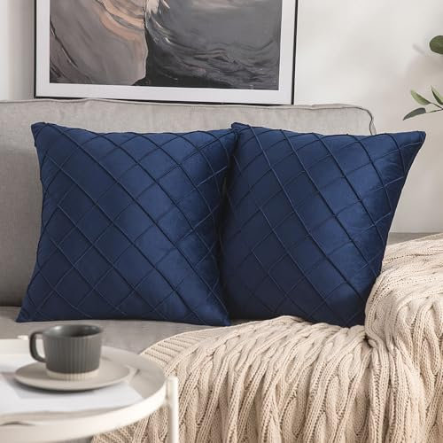 MIULEE 2er Set Samt Kissenbezug Gitter Sofakissen Dekokissen Kissenhülle Kissenbezüge Couchkissen Kissen Samtkissen Weich Einfarbig Zierkissen ohne Füllung für Sofa Wohnzimmer 40x40cm Marineblau