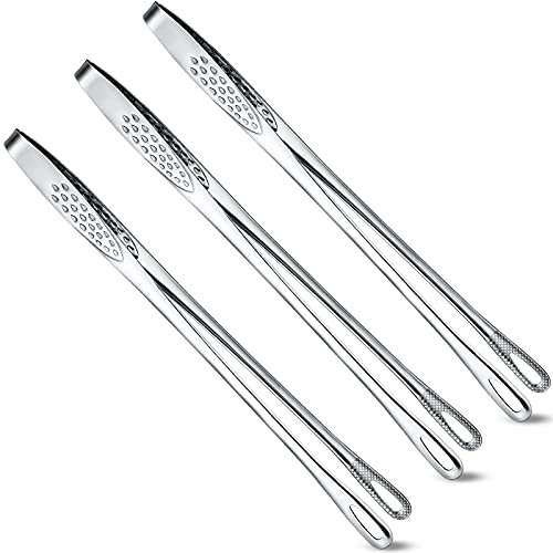 3 Pieces Korean-Japanese Barbecue Tongs Stainless Steel Kitchen Food Tongs tweezers Kitchen Tweezer for Cooking, Repairing, Sea Food, Silver Long Barbecue Tongs (11 Inches)