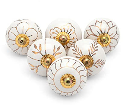 Rasiya Art Gold Ceramic Door Knobs - Indian Handmade Cabinet Pull Handle for Kitchen Cupboard Wardrobe Dressers Drawer Knobs with Brass Hardware - Set of 6 Pieces