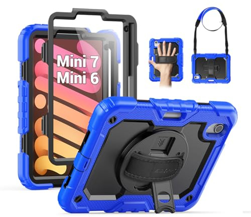 SEYMAC Case for iPad mini 7th Generation (A17 Pro) 2024/ Mini 6th Generation 8.3 Inch, Full-Body Shockproof Protective Case with Screen Protector, 360° Rotating Stand, Hand/Shoulder Strap, Blue