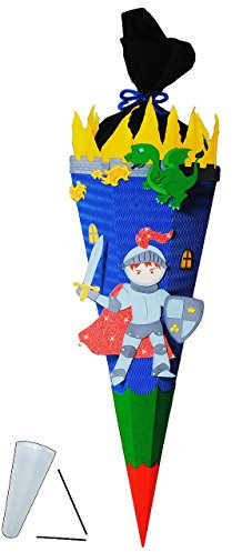 alles-meine.de GmbH BASTELSET Schultüte Ritter & Drache - 85 cm - mit/ohne Kunststoff Spitze - Zuckertüte zum selber Basteln - 6 eckig/blau - Jungen - Ritterburg - Burgen..