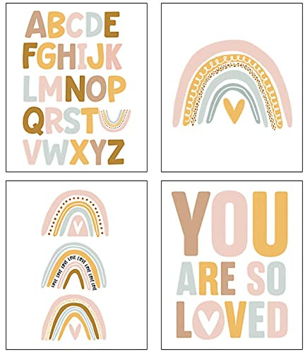 EXQULEG 4er Set Poster Kinderzimmer, Wanbilder für Babyzimmer, Kinderposter Junge Mädchen Dekoration Bilder ABC Alphabet Regenbogen Inspirierende Zitate Poster - Ohne Rahmen