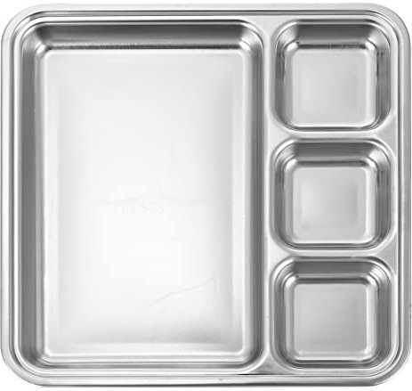 Lurrose Edelstahl Teller 4 Fach Unterteilt Menü Tablett Menüteller Geschirrteller Trennteller Unterteilungsteller Kantinentablett Essenstablett für Schule Buffet Mittagessen Silber