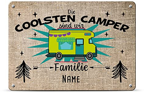 Camping Blech-Schild selbst gestalten - Wir sind die coolsten Camper - Metall-Poster mit Name - Geschenk für Camper, Camping-Zubehör - Schild A4 I Personalisiertes Geschenk