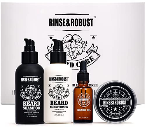 Rinse & Robust Bartpflege Set für Männer - mit Bartbalsam, Bartöl, Bartshampoo und Bartspülung, Bart Pflege Geschenke für Männer Sandelholz