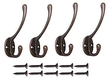 ZXF 4 Pack Antique Brass Double Prong Coat Hooks with 8 Screws, Heavy Duty, Rust Resistant, Easy Install, 35 lbs Weight Capacity