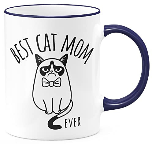 FunTasstic Tasse Best Cat Mom ever Kaffeebecher beidseitig bedruckt spülmaschinenfest Tasse für das Büro Tee, Kaffee Geschenkidee, Farbe:kobalt, Größe:330 ml
