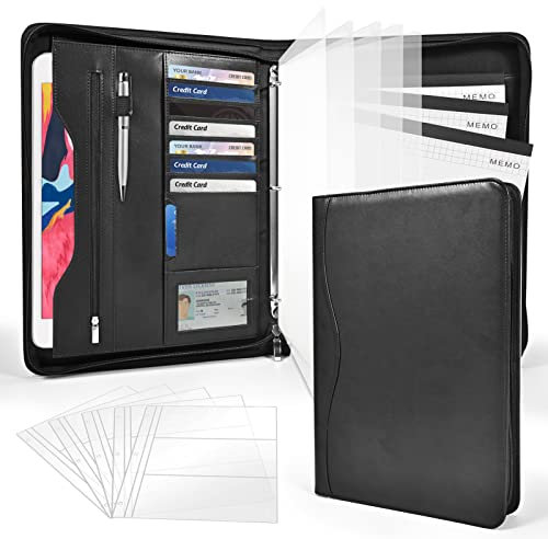 Sbrinnaliao Padfolio - Organiseur pour carnet de notes à fermeture éclair pour homme et femme - Avec pochette à documents, porte-bloc de format A4, porte-cartes de visite (noir-3)