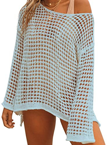Bsubseach Crochet Swim Cover Ups for Women Bathing Suit Cover Up Knitted Top Beach Outfits Light Blue