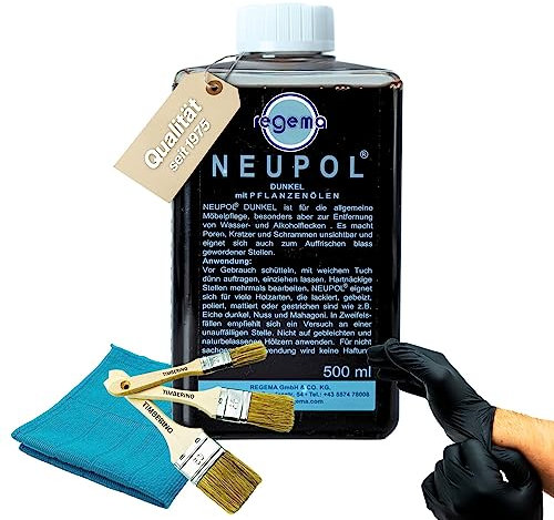 TIMBERINO Pflegeset Neupol Dunkel Holzöl [500ml] Pflegeöl für Holzmöbel innen Holzöl pigmentiert Echtholz Furnier [Holzöl+Öltuch+Pinsel+Handschuh] Möbelpolitur Holz Möbelpflege Holz