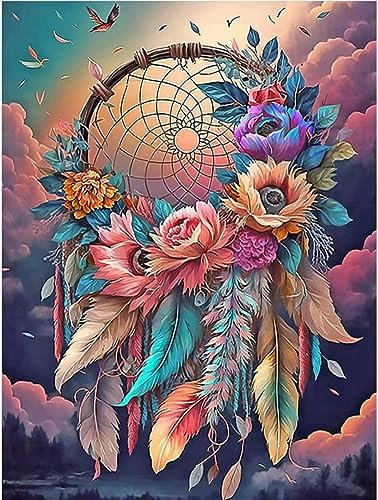 Diamond Painting Set für Erwachsene und Kinder DIY, bunte Muster DIY Kunst Handwerk Diamond Painting Set Geschenk oder Home Wand Dekoration 30x40cm (Feder und Blume)