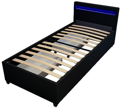 Home Deluxe - LED Bett NUBE - Schwarz 90 x 200 cm - inkl. Matratze, Lattenrost und Schubladen I Polsterbett Design Bett inkl. Beleuchtung