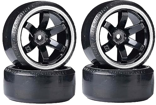 KINGCOO RC Drift Auto Rad und Reifen, 4PCS 63mm Harte Reifen Kunststoff Felgen für 1/10 On-Road Racing Driften Auto Ersatzteile für HSP Tamiya HPI Kyosho (Schwarz/Silber)