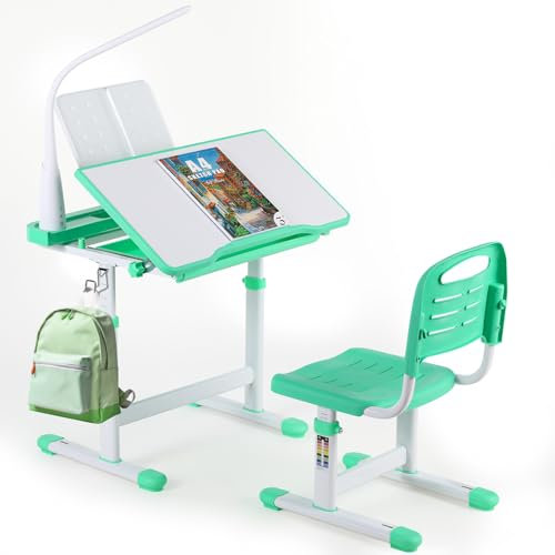 Clevich Höhenverstellbarer Schreibtisch und Stuhl Set, Kinderschreibtisch mit Lampe, Jugendschreibtisch, Multifunktionaler Schülerschreibtisch mit Stuhl und Schublade LesestäNder (Grün)