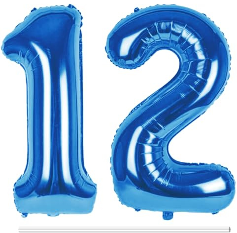 LAPONO Globos de Cumpleãnos 12 Azules, 83CM Número 1 y 2 Bluey Globo Helio Inflable de Lámina Decoracion Cumpleaños 12, 21 Años Niños Globo Numeros Gigantes para Boda Aniversario Fiestas