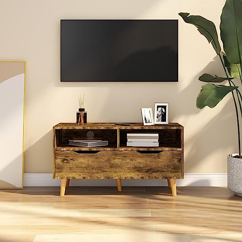Homvdxl Schmaler TV-Schrank, 90 cm, moderner TV-Ständer mit großer Schublade für 35-Zoll-Fernseher, Sideboard, kleiner Aufbewahrungsschrank für Wohnzimmer – Eiche