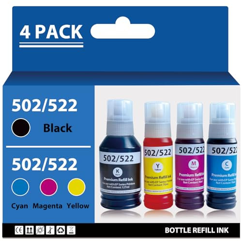 Jmomy 502 522 Refill Ink Bottles Replacement Compatible for Epson 502 T502 522 T522 Ink Refill Bottles for ET-2400 ET-2720 ET-2800 ET-2803 ET-2840 ET-4700 ET-4800 ET-4810 Printers 4 Pack