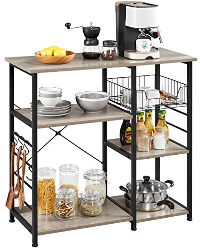 costoffs Kitchen Island Storage Shelf Unit with Mesh Basket and S-Hooks, Metal Frame, Freestanding Baker's Rack for Home Kitchen, Dinning Room, Grey