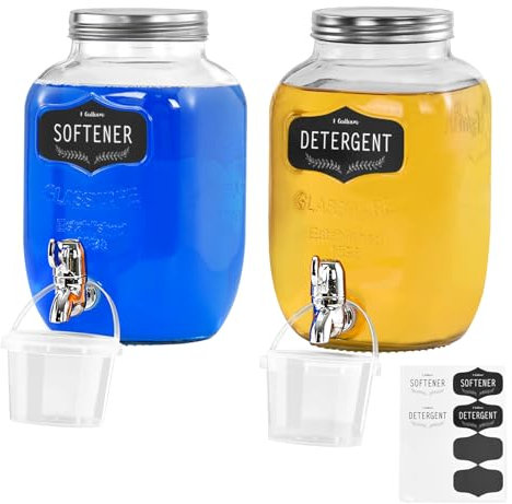 Waschmittelspender mit Wasserhahn, wasserdichte Etiketten für Flüssigwaschmittel, Seife, Weichspüler – 2 Stück, 3,5 l Glasbehälter, Wäschebehälter für Waschküche, Organisation und Aufbewahrung
