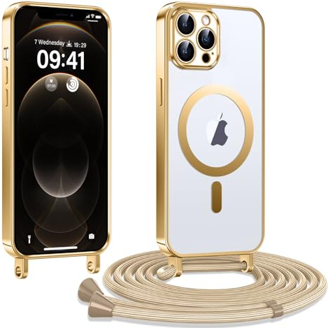 Kokio Coque pour iPhone 12 Pro Max avec Cordon, Etui à Transparente Housse Compatible avec MagSafe, Antichoc Protection Coque pour Magnétique avec Réglable Collier, Or