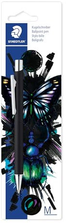 STAEDTLER Druckkugelschreiber cool & cute, Metallschaft, langlebig, auswechselbare M Mine, dokumentenecht, Schreibfarbe blau, Blisterkarte mit Kugelschreiber in schwarz im Kartonetui, 421 BK-9E1