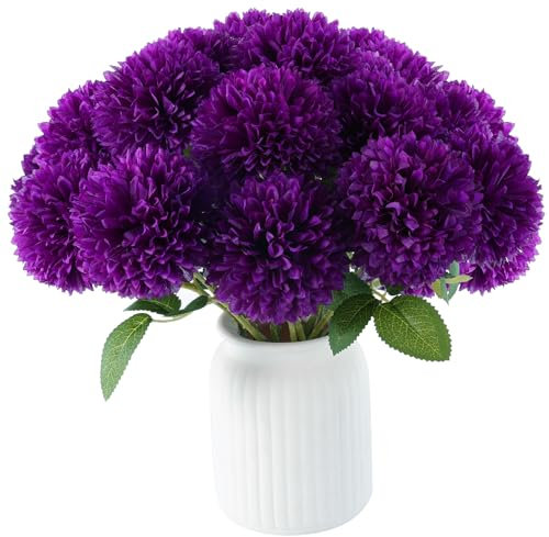 Hananona 12 Pcs Artificial Chrysanthemums Flowers Purple Flowers, Fake Mums Silk Vintage Flower for Home Decor Indoor Floral Arrangement Table Centerpiece (12, Purple)