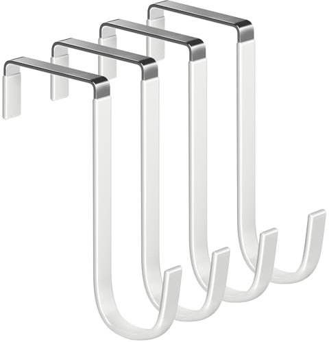 Over The Door Hooks 5.5 4Pcs for 2 Door White Plastic Coating Wreath Door Hanger Hook for Hanging Ironing Board Towel Rack Bathroom Closet Cabinet Clothes Coat Robe Holder Single Heavy Duty